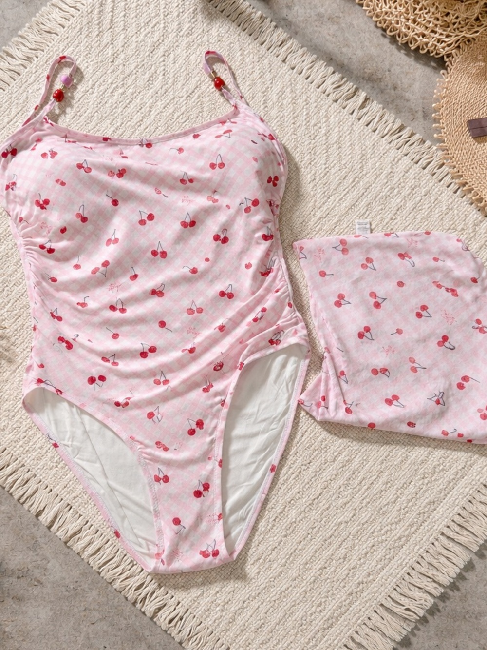 Betsey Johnson Pink Cherry Print One-Piece Suit with Skirt